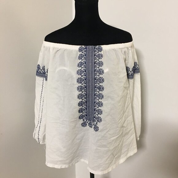 MADEWELL White Blue Cotton Off Shoulder Peasant Embroidered Blouse Top Small - Picture 3 of 10